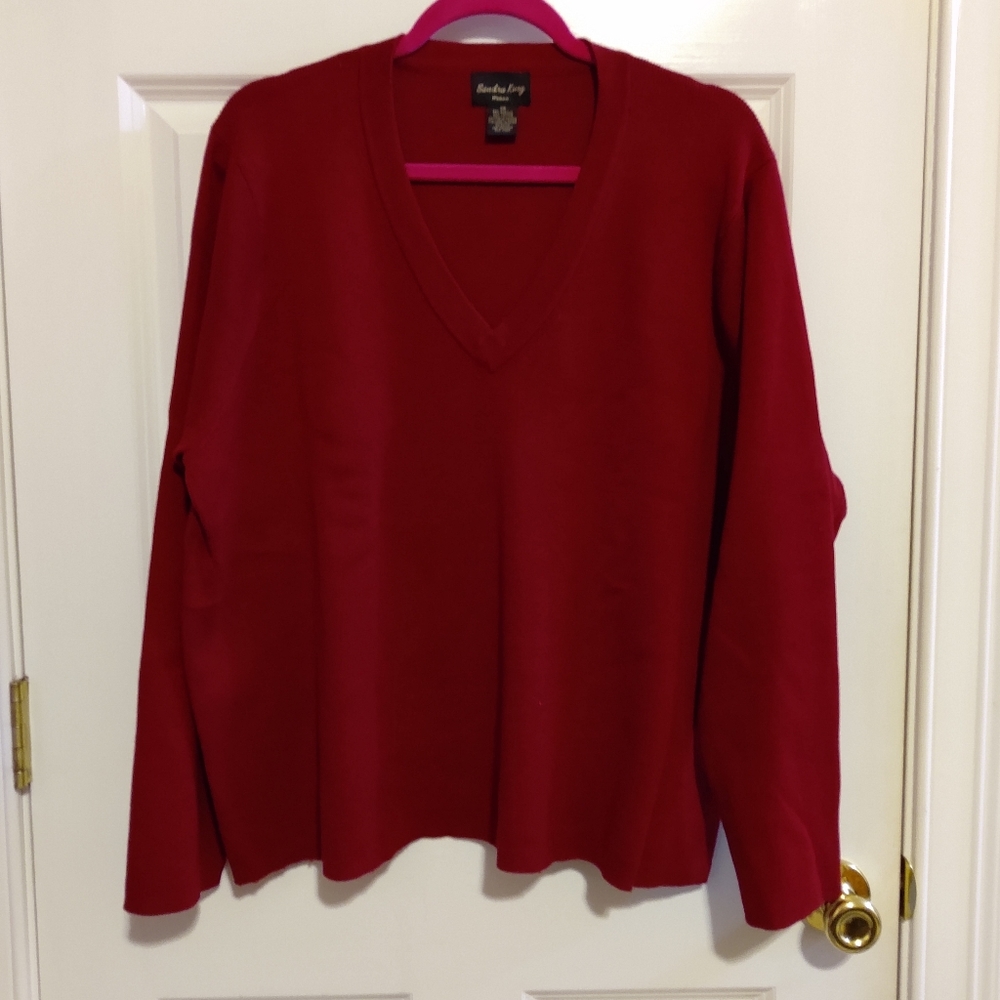 Ladies Red V Neck Pullover, Long Sleeve. By  Sandra King. Size 3X